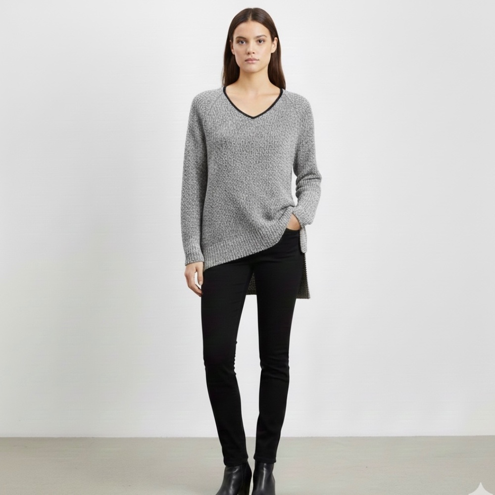 Eileen Fisher Sweater Women’s XS Organic Linen/Wool Blend V-Neck Black Marled